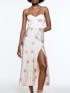 White Zara floral maxi dress with slit, Size L